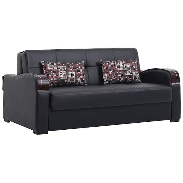 Ottomanson Daydream Collection Convertible 74 in. Black Faux Leather 3-Seater Twin Sleeper Sofa Bed with Storage