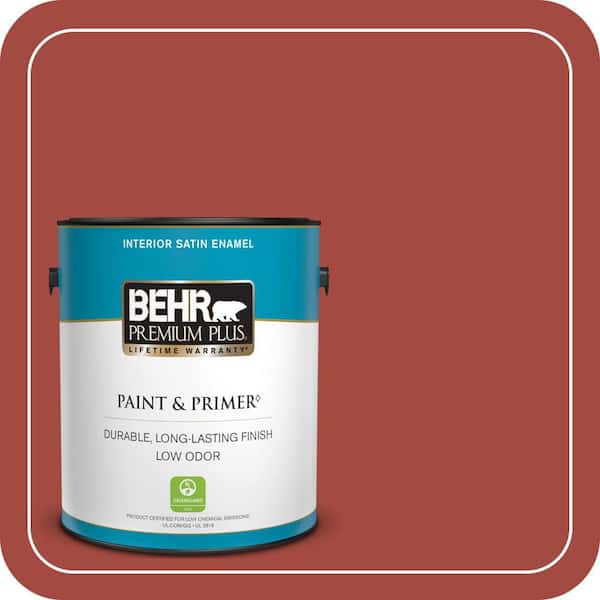 BEHR PREMIUM PLUS 1 gal. #170D-7 Farmhouse Red Satin Enamel Low Odor Interior Paint & Primer