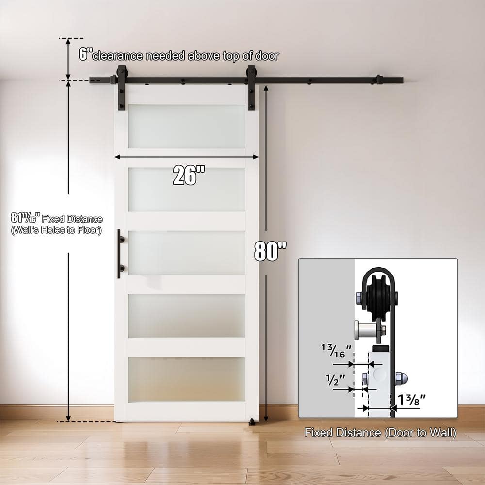 White Frosted Glass Paneled MDF Barn Door Kit with Matte Black Hardware