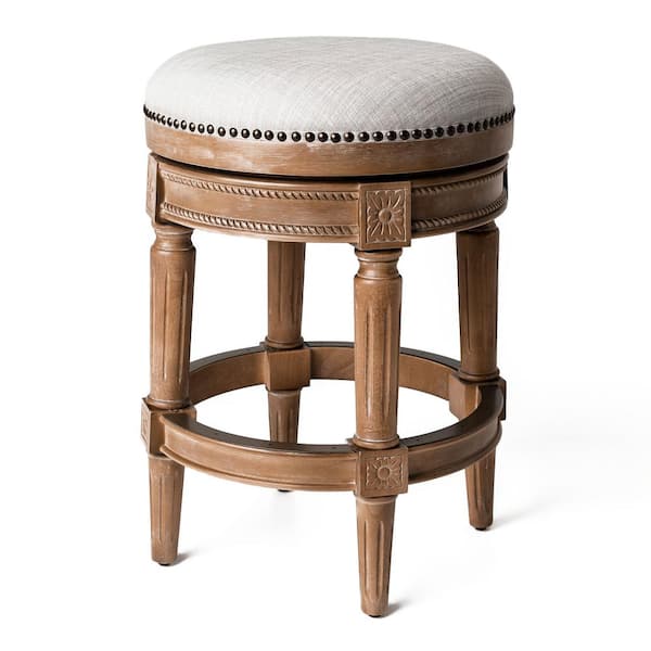 MAVEN LANE Pullman 26 in. Weathered Oak Backless Wooden Counter Stool with Premium Sand Color Fabric Upholstered Seat