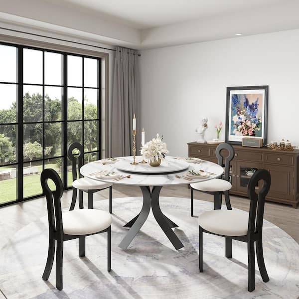 Magic Home Modern 59.0 in. White Rotable Lazy Susan Round Sintered Stone Tabletop with Black Pedestal Base Dining Table (Seats-8)