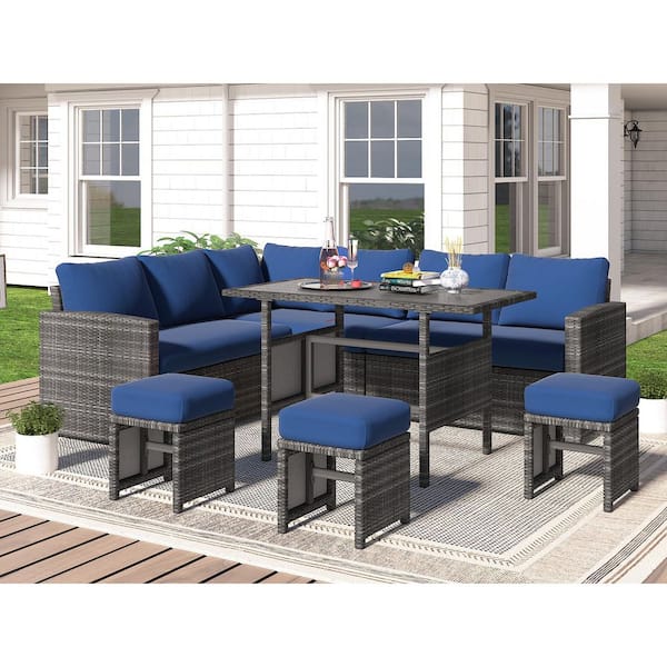 7-Pieces Patio Gray Wicker Furniture Dining Set with Blue Cushions