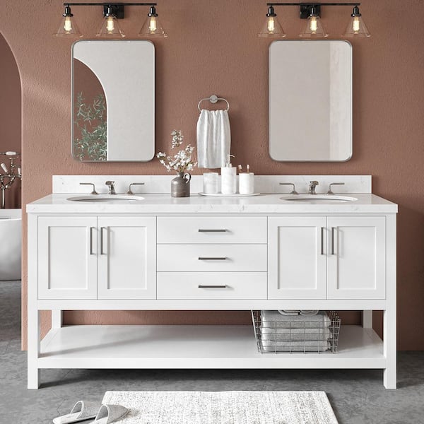 ARIEL Magnolia 72.25 in. W x 22 in. D x 36 in. H Double Freestanding Bath Vanity in White with Carrara Quartz Top