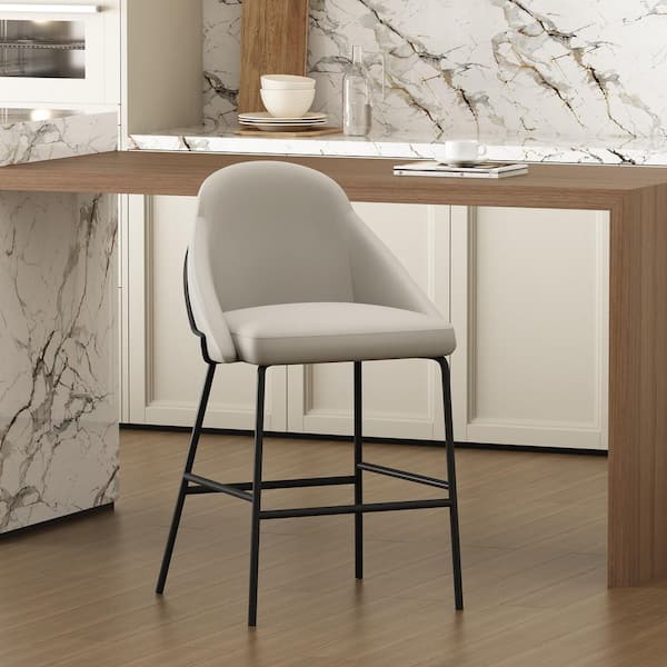 Manhattan Comfort Gracie 26 in. Modern Stone and Black Metal Frame Counter Height Bar Stool with Faux Leather Upholstered Seat