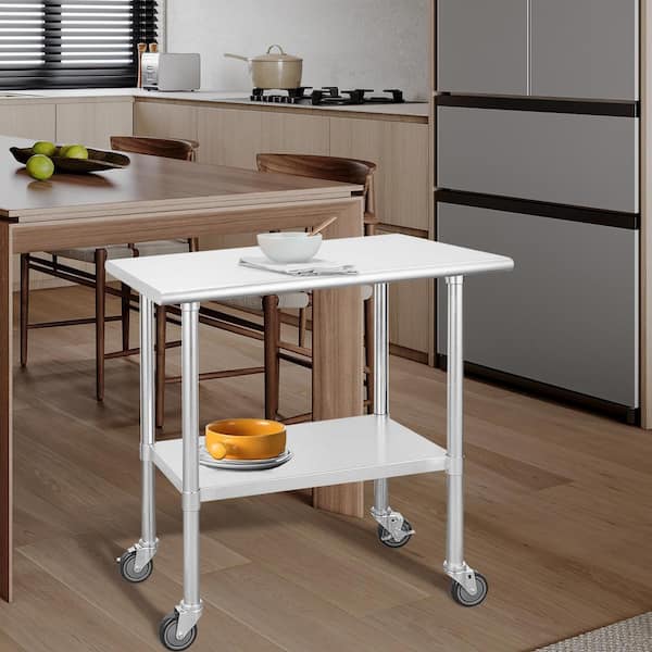 Tatayosi 24 in. x 36 in. Silver Stainless Steel Utility Work Table, Kitchen Prep Table with Caster Wheels for kitchen, restaurant