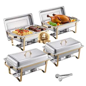 Chafing Dish Buffet Set, 8 qt. 4-Pack, Gold, Stainless Steel Chafing Dishes and Accessories, 4 Half Size Pans, Rectangle