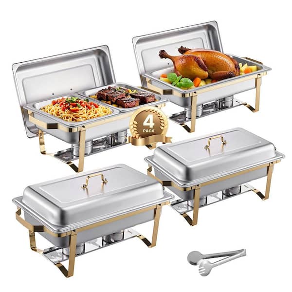 Chafing Dish Buffet Set, 8 qt. 4-Pack, Gold, Stainless Steel Chafing Dishes and Accessories, 4 Half Size Pans, Rectangle