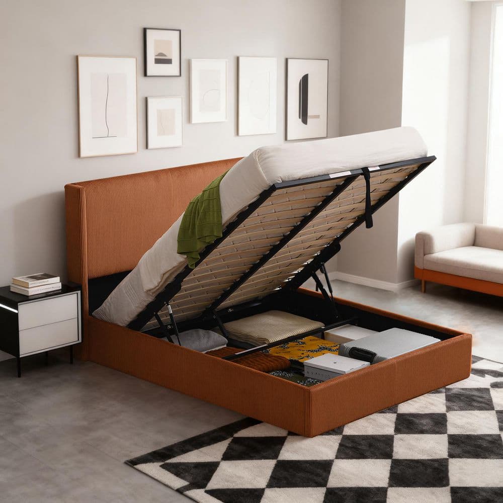 Corduroy Orange Plywood Frame Queen Size Upholstered Platform Bed with Lift-up Storage Supported by Metal & Wooden Slats price history on PriceWatchPro