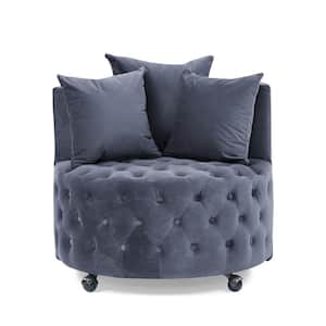 Gray Velvet Upholstered Swivel Chair with Button Tufted Design and Movable Wheels