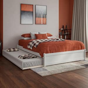Barcelona White Solid Wood Frame Full Panel Platform Bed with Twin Trundle