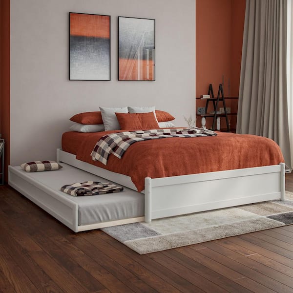 Barcelona White Solid Wood Frame Full Panel Platform Bed with Twin Trundle