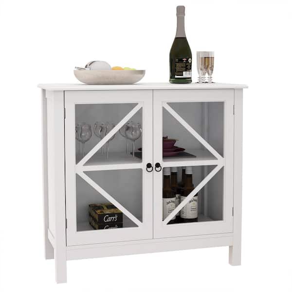 Tileon Whit Kitchen Cabinet with Double Glass Doors with Brushed Nickel Knobs and Tapered Legs with 2 Storage Spaces