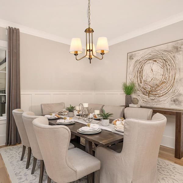 Modern 3-Light Gold Farmhouse Branch Chandelier with White Linear Fabric Shade for Kitchen Island Dining Room