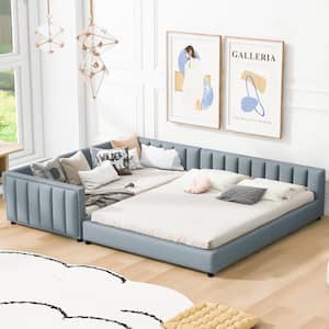 Gray Wood Frame Queen/Twin XL PU Upholstered Platform Bed, Mother and Child Bed