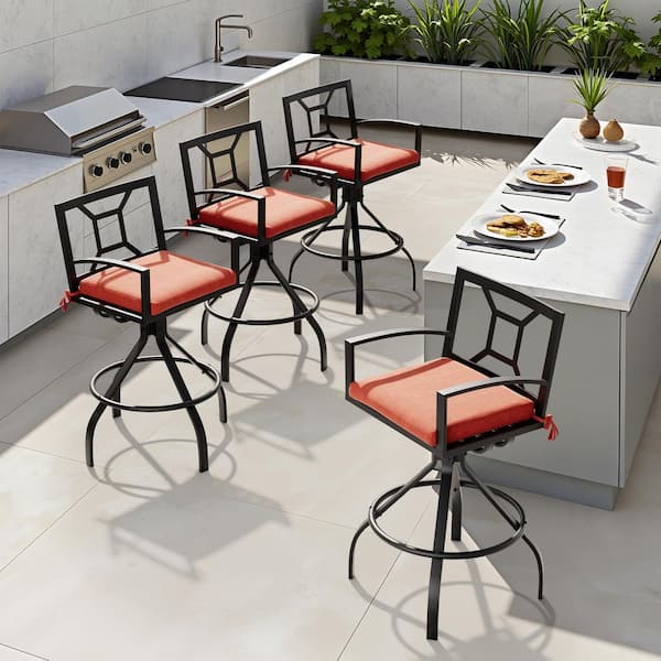 Swivel Metal Aluminum Outdoor Bar Stool with Sunbrella Red Cushion (4-Pack)