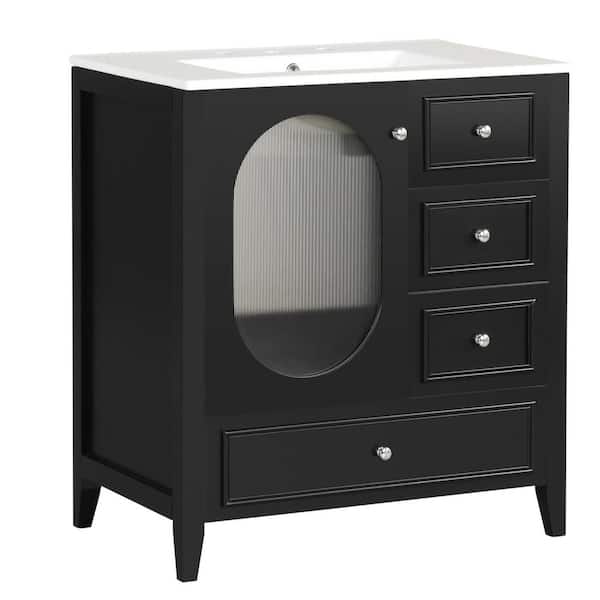 Zeus & Ruta 30 in. W x 18.3 in. D x 33.9 in. H Single Sink Bath Vanity in Black with White Ceramic Top and Three Drawers