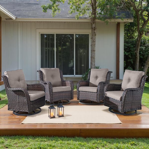 moosprr 4-Piece Brown Wicker Outdoor Swivel Glider Chair with Gray Cushions and Curved Armrest/Rocking Chairs for Patio/Porch