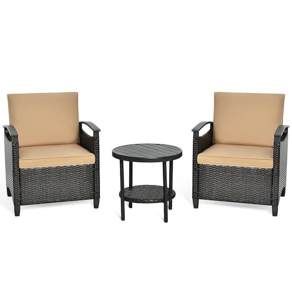 ANGELES HOME 3 Pieces Wicker Rattan Patio Conversation Set with Brown Cushions, Coffee Table with Storage Shelf