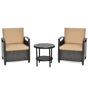3 Pieces Wicker Rattan Patio Conversation Set with Brown Cushions, Coffee Table with Storage Shelf
