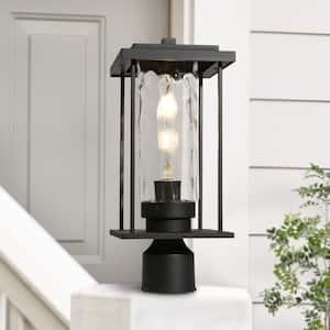 15.7 in. Modern 1-Light Black Metal Post Light Hardwired Outdoor Weather Resistant with Wavy Glass and No Bulb Included