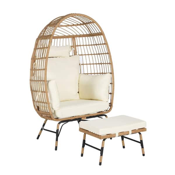 1-Piece Metal Wicker Indoor/Outdoor Oversized Lounge Egg Chair with Beige Cushion and Ottoman