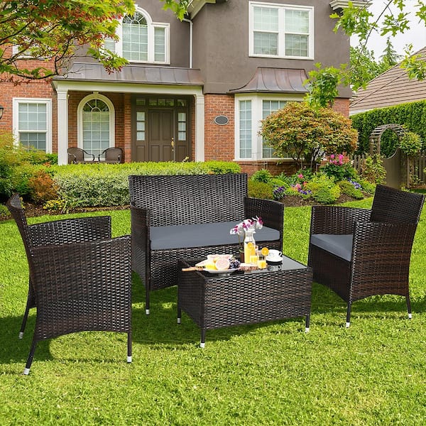 4-Piece Wicker Patio Conversation Set with Gray Cushions