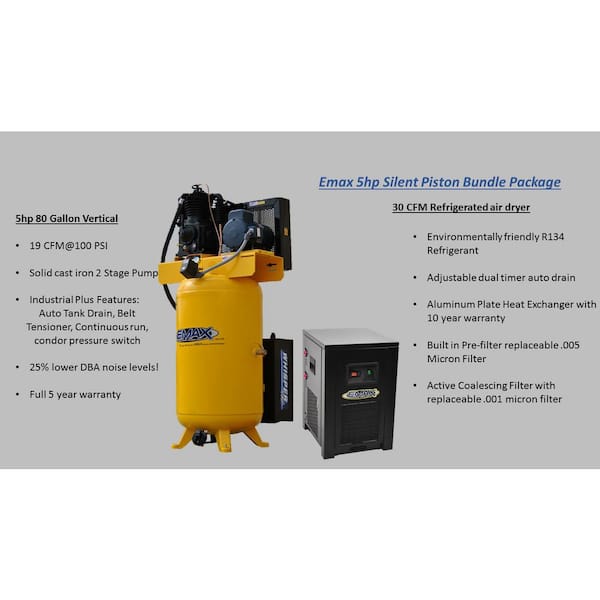 Industrial Plus 80 Gal. 5 HP 230-Volt 3-Phase 2-Stage Silent Air Electric Air Compressor with 30 CFM Dryer Bundle Industrial Plus 80 Gal. 5 HP 230-Volt 3-Phase 2-Stage Silent Air Electric Air Compressor with 30 CFM Dryer Bundle