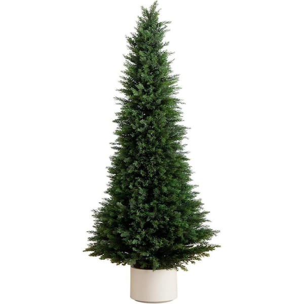 6ft. UV Resistant Artificial Cedar Tree in Decorative White Planter (Indoor/Outdoor)