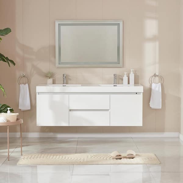 Annecy 60 in. W x 18.5 in. D x 20 in. H Bathroom Wall Hung Vanity in White with Double Basin Top in White Resin
