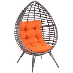 Wicker Outdoor Lounge Chair with Orange Cushion Teardrop Chair Poolside Patio Seat