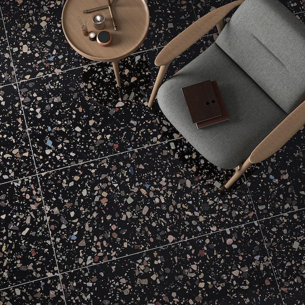 Adorn Black Multicolor 23.62 in. x 47.24 in. Terrazzo Look Polished Porcelain Floor and Wall Tile (15.49 sq. ft./Case)