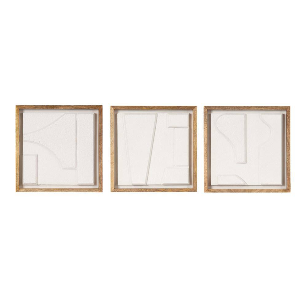 Yukiah 3-Piece White and Natural Wood Geometric Wall Art Set
