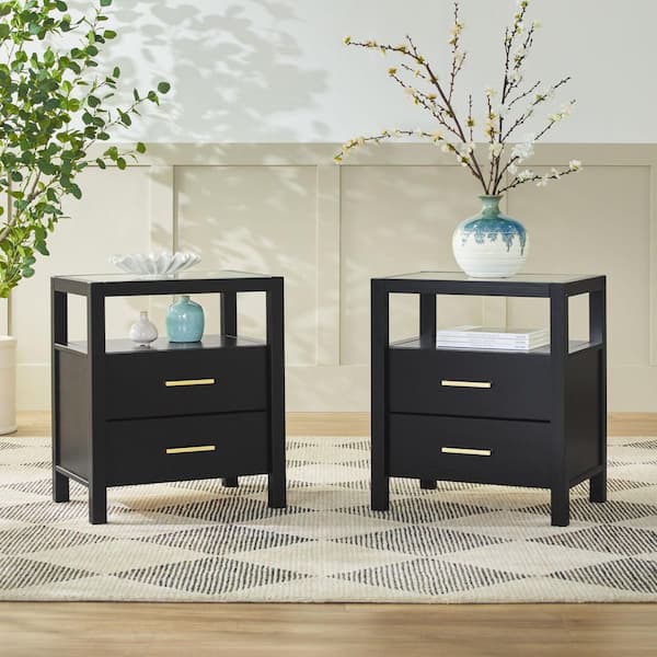 Isla Black Solid Wood Modern 2-Drawer 22 in. W Nightstands, (Set-2)