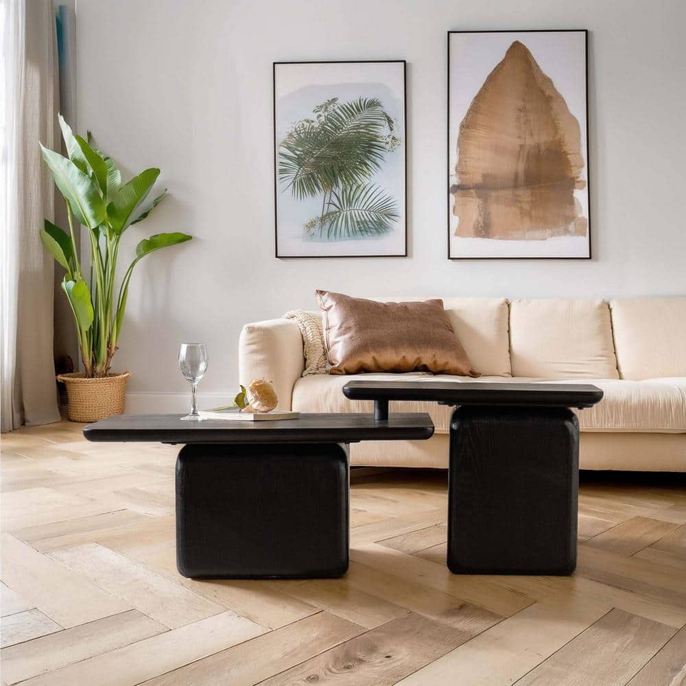 LuckByte Black Wood Grain Outdoor Coffee Table with Vintage