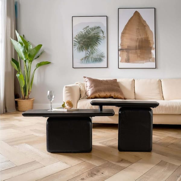 Zeus & Ruta Black Wood Grain Outdoor Coffee Table with Vintage Fashion Style (Set of 2)