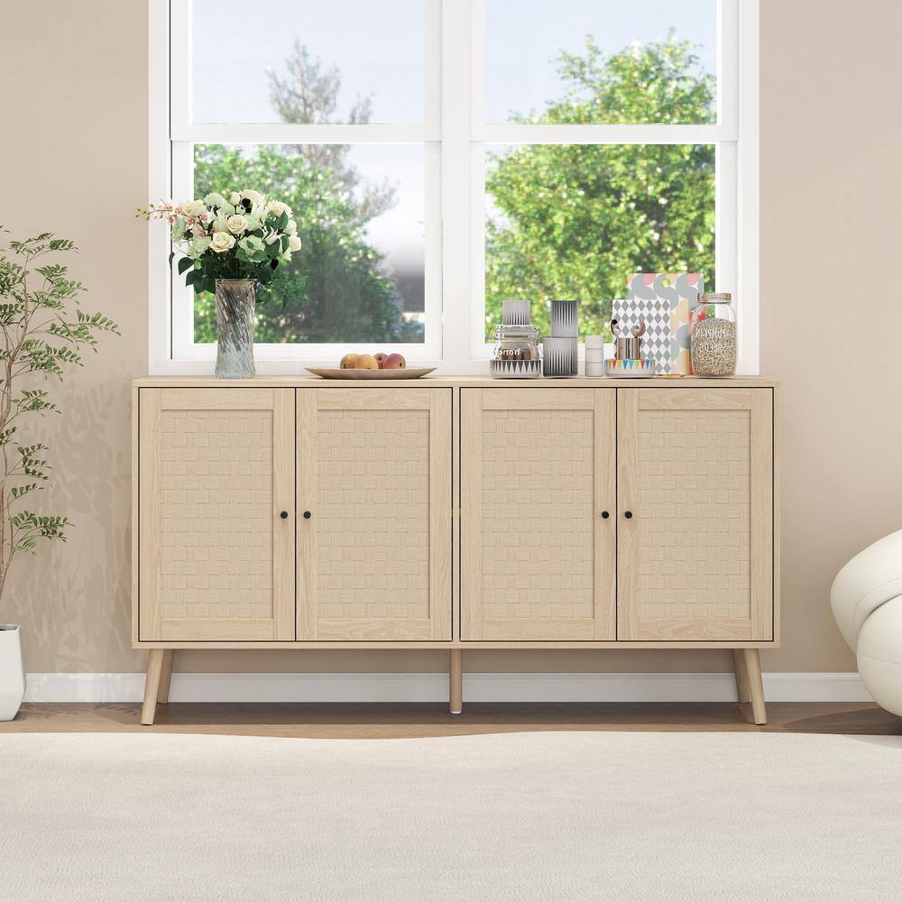Light Brown MDF and Pine Wood 4-Door Pantry Organizer Cabinet