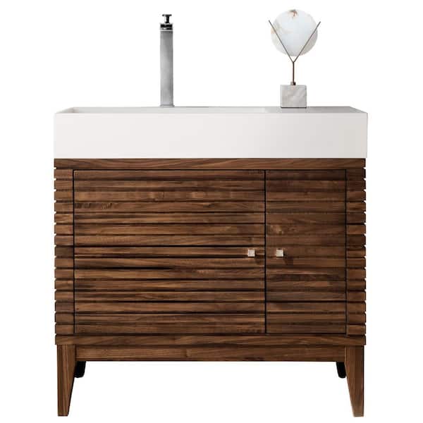 James Martin Vanities Linear 36 in. W Single Bath Vanity in Mid Century Walnut with Solid Surface Vanity Top in Glossy White with White Basin