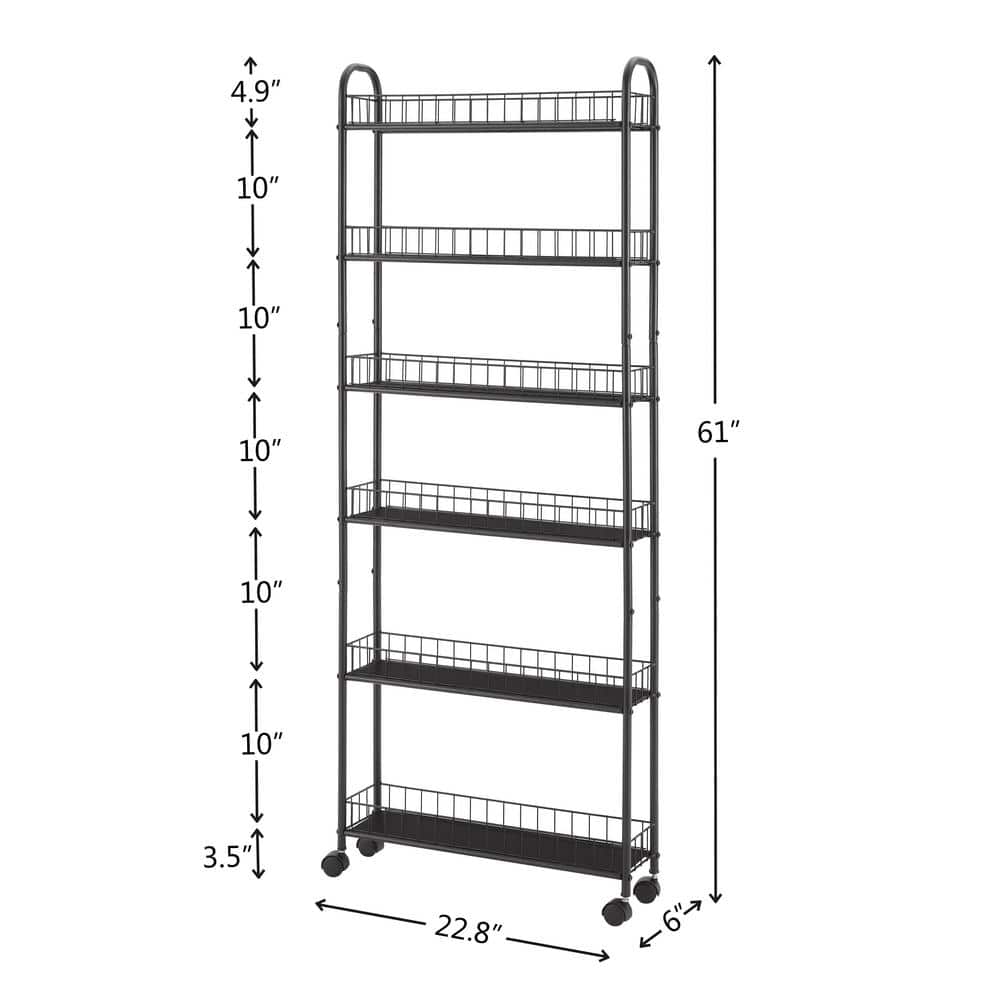Black Metal 6-Tier Slim Rolling Storage Cart with Wheels