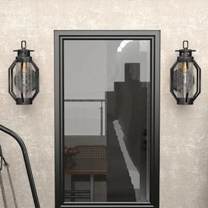 Hawaii 12 in. H Black Seeded Glass Hardwired Outdoor Wall Lantern Sconce with Dusk to Dawn (Set of 2)