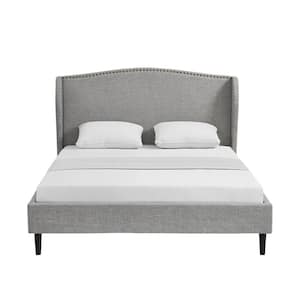 Knight Gray Wood Frame Queen Size Platform Bed With Nailhead Trim