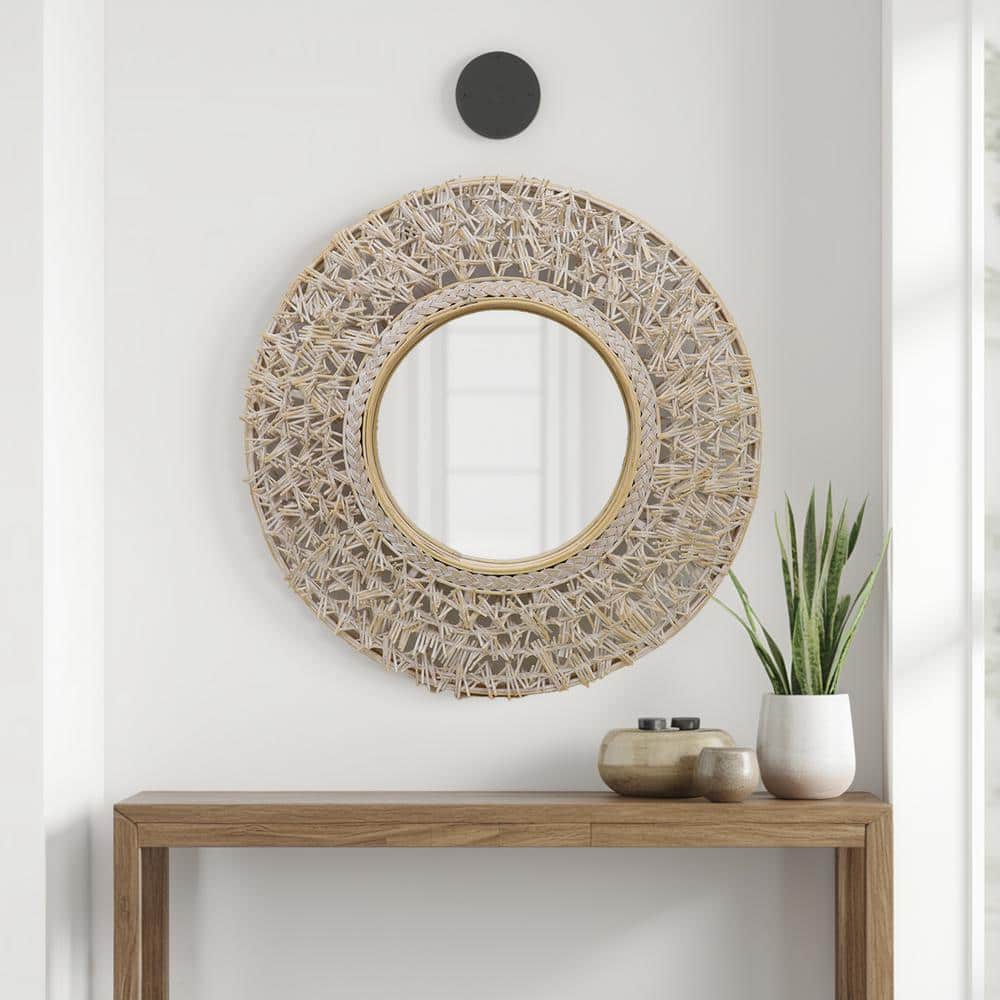 24 Inch Round Whitewashed Rattan and Bamboo Decorative Wall Mirror