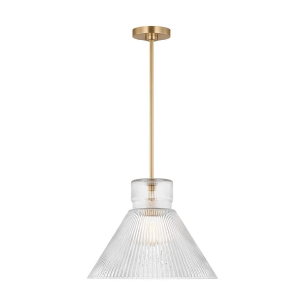 Generation Lighting - Liouet 18 in. W x 13.5 in. H 1-Light Satin Brass Transitional Pendant Light with Clear Ribbed Glass Shade
