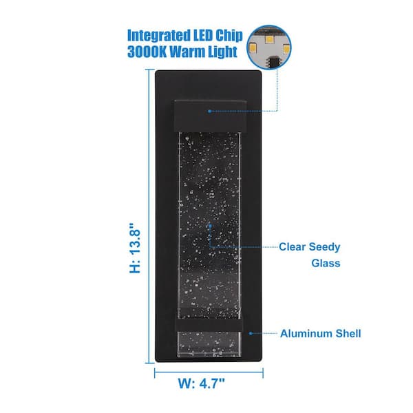 1-Light Outdoor Sconce Black LED Wall Lamp with Crystal Bubble Glass