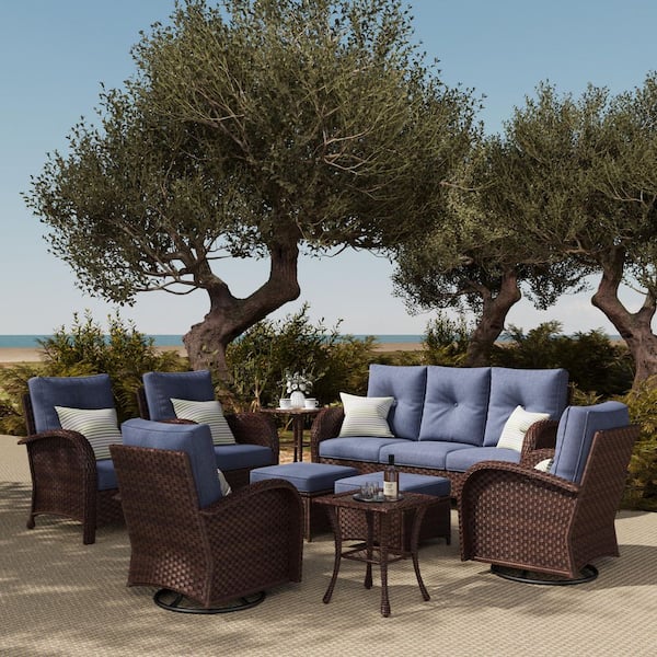 LayinSun 9-Piece Wicker Swivel Outdoor Rocking Chairs Patio Conversation Set with Navy Blue Cushion