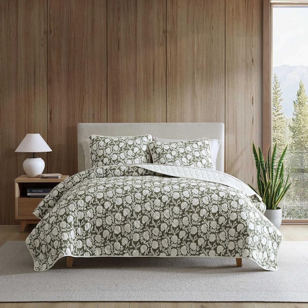 Garden Bloom 3-Piece Green Full/Queen Cotton Quilt Set