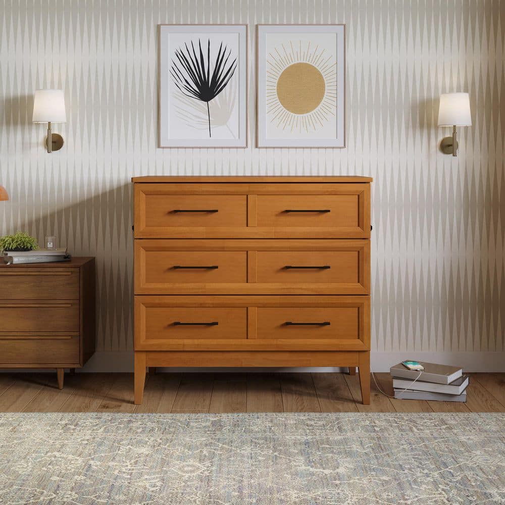 Santa Fe Light Toffee Twin Wood Murphy Bed Chest with Mattress and Charger