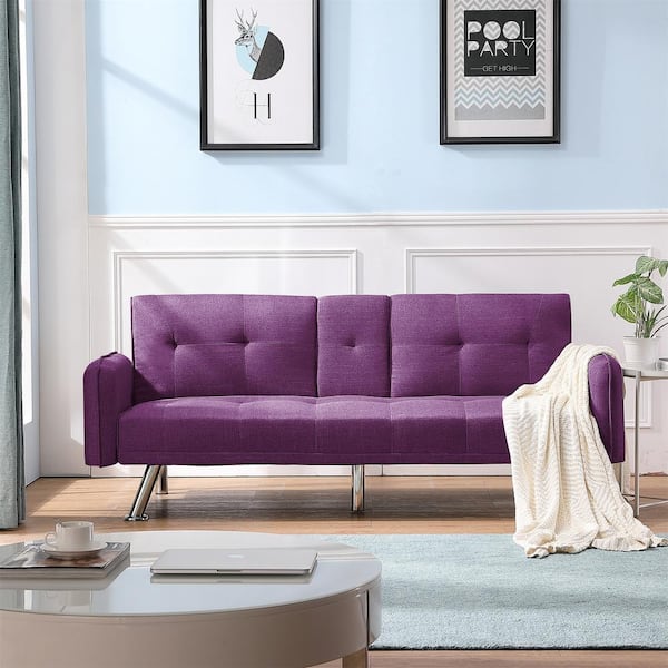 J&E Home 74.8 in. W Purple Polyester Twin Size 3 Seats Sofa Bed Sleeper with Metal Legs
