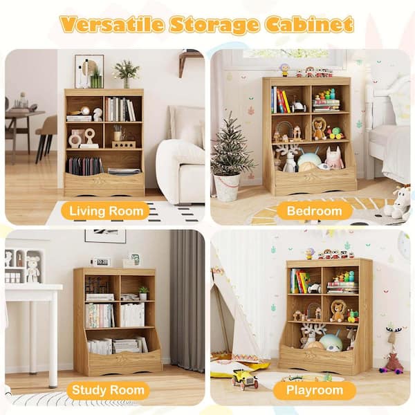 Costway 26.5 in. Wide Natural 5-Shelves Kids Bookcase with Anti