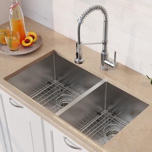 Standart PRO 33 in. Undermount Double Bowl 16 Gauge Stainless Steel Kitchen Sink with Faucet in Chrome