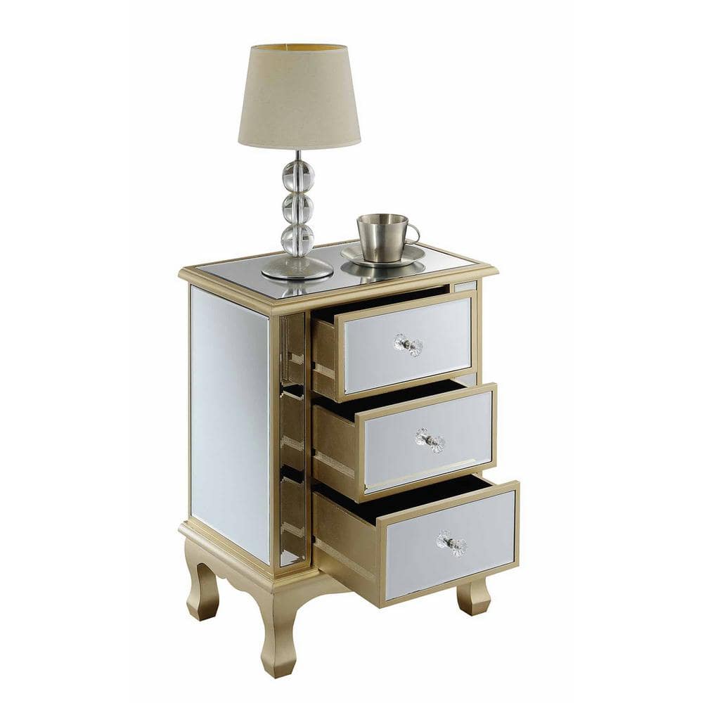 Gold Coast White Wood Mirrored Glass 3-Drawer End Table